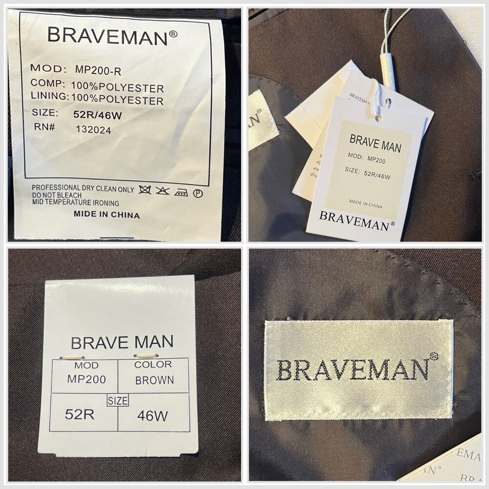 New Braveman 52R 45x36 Unhemmed Solid Cigar Brown Classic 2-Piece Suit NWT - Picture 14 of 16